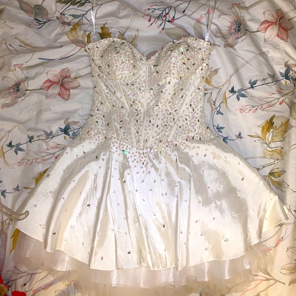 White Sequin Mini Satin Corset Princess Dress - Picture 1 of 16